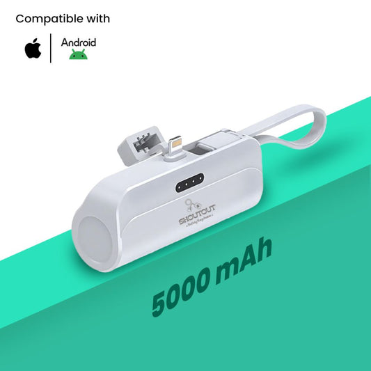 Mini Portable 5000 mAH Power Bank for iPhone and Android- White