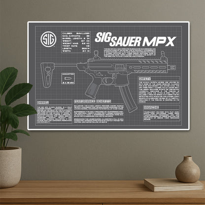 SIG Sauer MPX Blueprint Poster | Tactical Gun Wall Art for Gaming Room & Battlestation| Deltatac